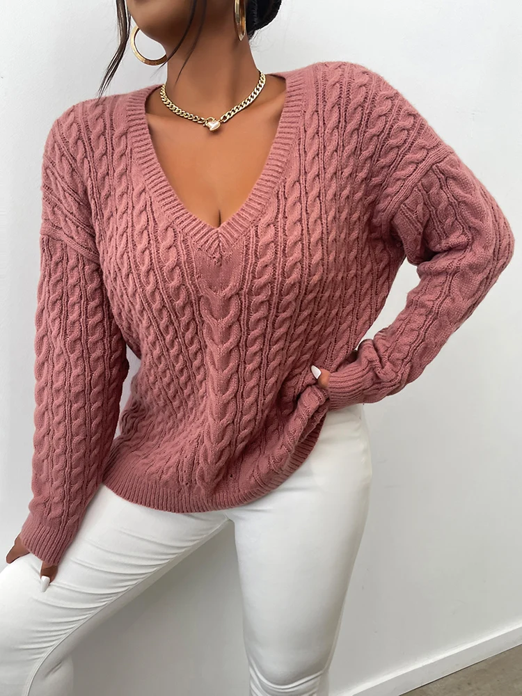 ONELINK Plus Size Women's Pullover Sweater Pink Sexy V Neck Cable Knitting Pattern Long Sleeve Stitching Top