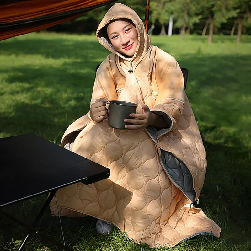 Camping Sleeping Bag Cloak Cape Camping Wearable Warm Blanket Windproof Outdoor Stadium Blanket Hooded for Hiking Travel