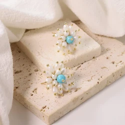 Natural Freshwater Pearls Turquoise Flower Earrings Korean Style Women Luxury Jewelry Fashion Ladies and Girls Gift GE1532