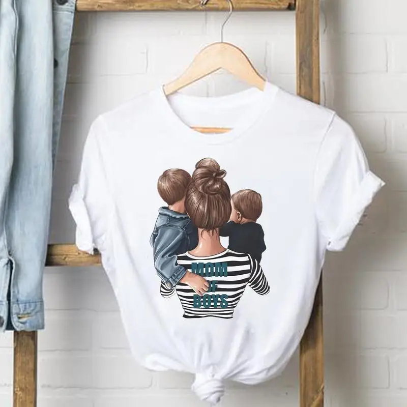 Tee Shirt Lady Clothes Top Striped Mom Son Love Short Sleeve Mother Casual Fashion Tshirt Summer Female T Women Graphic T-shirts