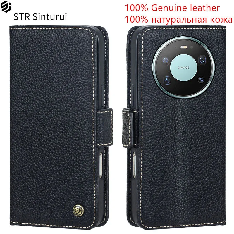 

STR Genuine leather lychee grain card Slot Wallet Cover For Huawei Mate 70 Air 60 80 Pro+ Pro Max Flip shockproof phone Case