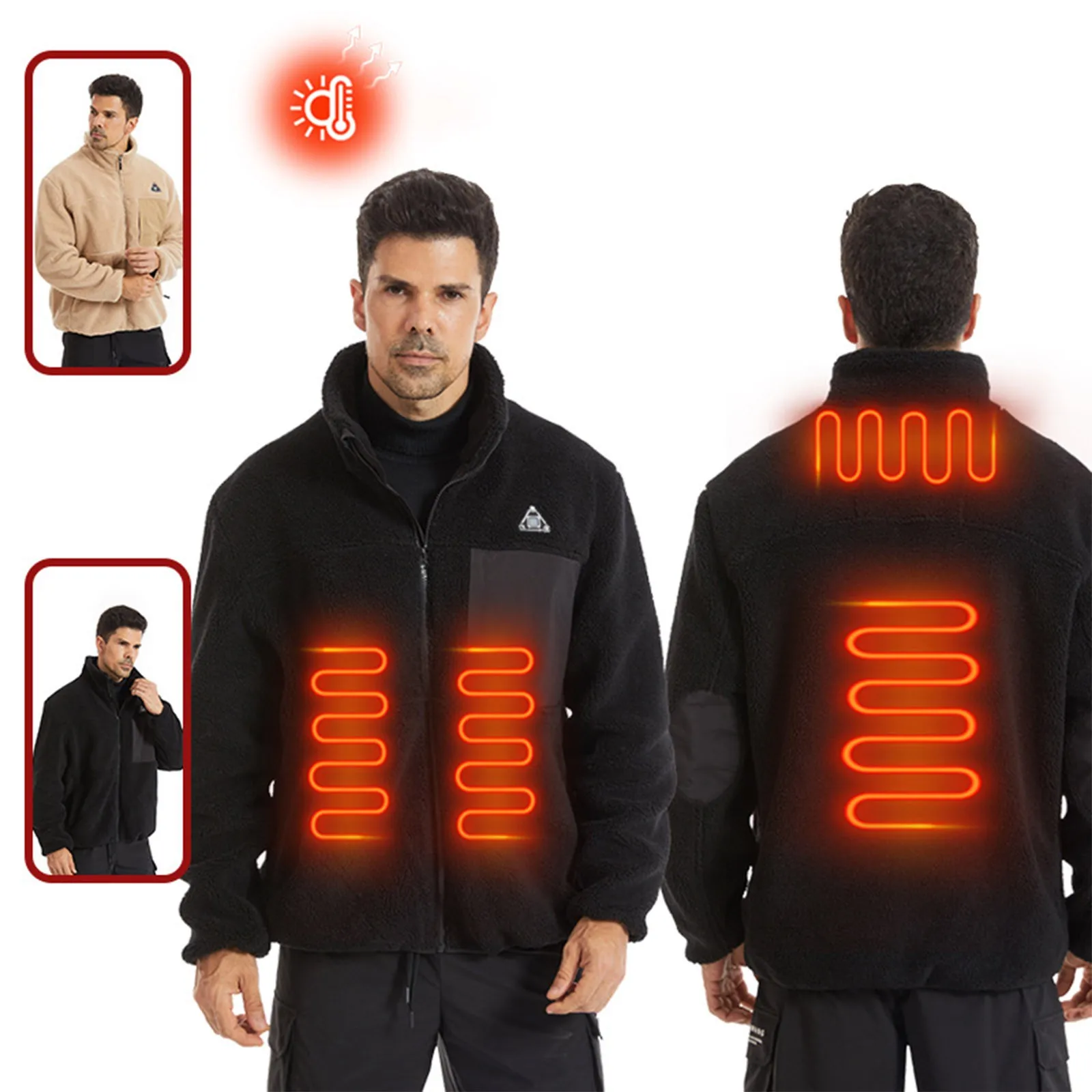 Winter Smart Heating Jacket Men's Heated Fleece Stand Up Collar Zipper Coat Cold Weather Warm Electric Heating Outweer Jacket