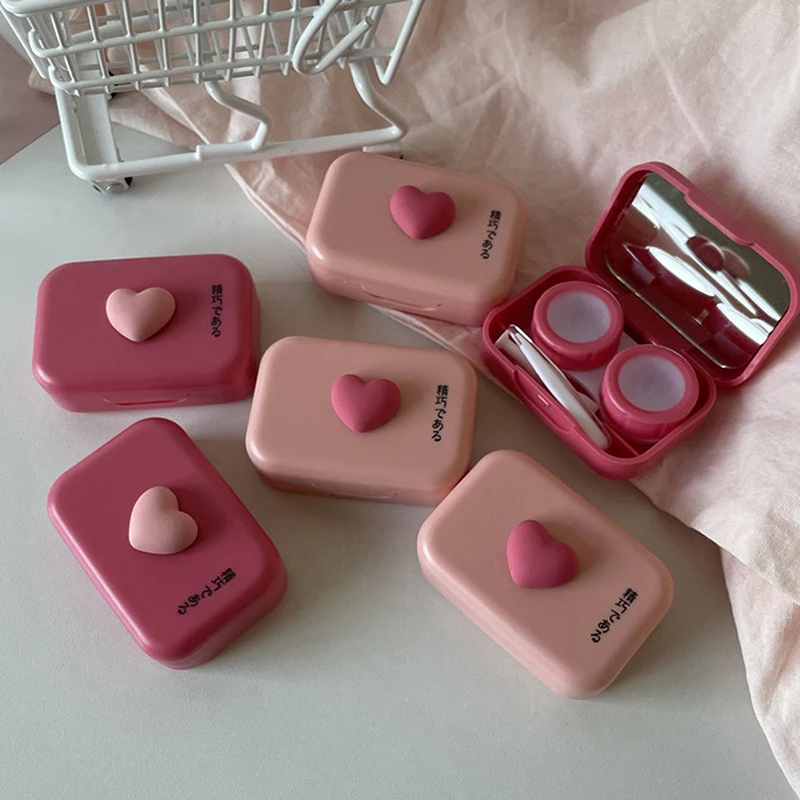 

Pink Heart Square Contact Lenses Case With Tweezers Women‘s Cute Contact Lens Box Container Travel Portable Contact Lenses Case