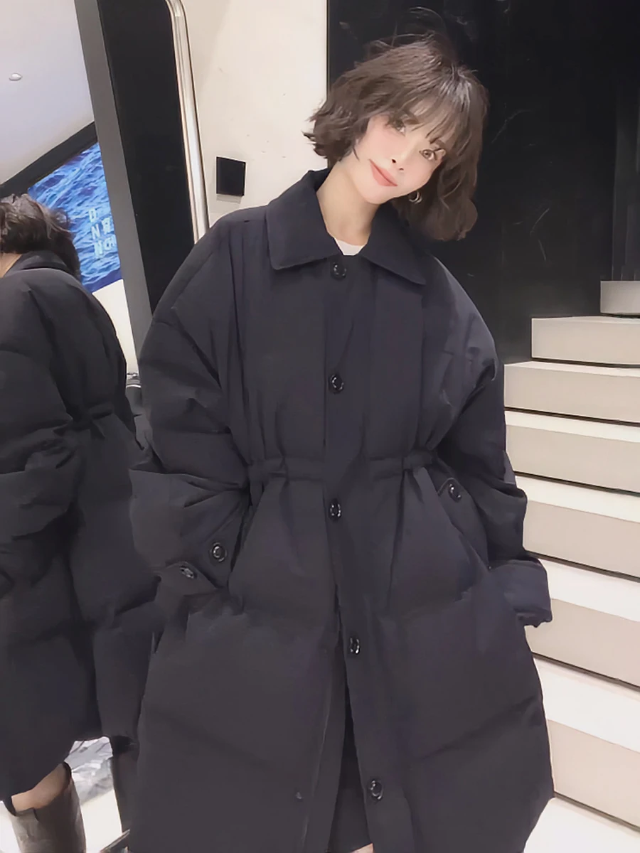 

Ele Women's down Jaet Waist-Cinching White Du Feather Mid-Length Stand Collar Padded Coat Korean Sle Commute Wind