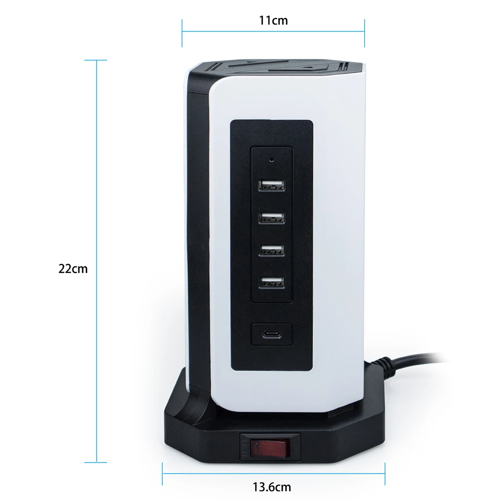 Vertical Power Strip EU Electrical Tower Kr Plug Outlet Socket USB Type C Cable Surge Short Circuit Protector 2m Extension Cord