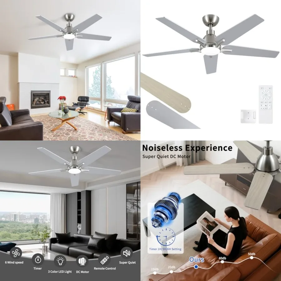 Ceiling Fans with Lights: Ceiling Fan with Light and Remote for Bedroom Living Room Dining room Patio, 3CCT Dimmable 6 Speeds R