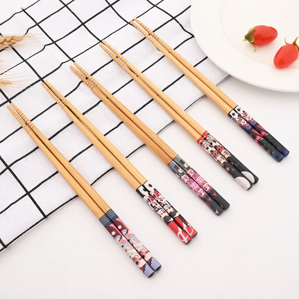 Reusable 5Pairs Set Handmade Bamboo Japanese Style Natural Wood Chopsticks Sushi Food Cat Flower Multi Color Wooden Chopsticks