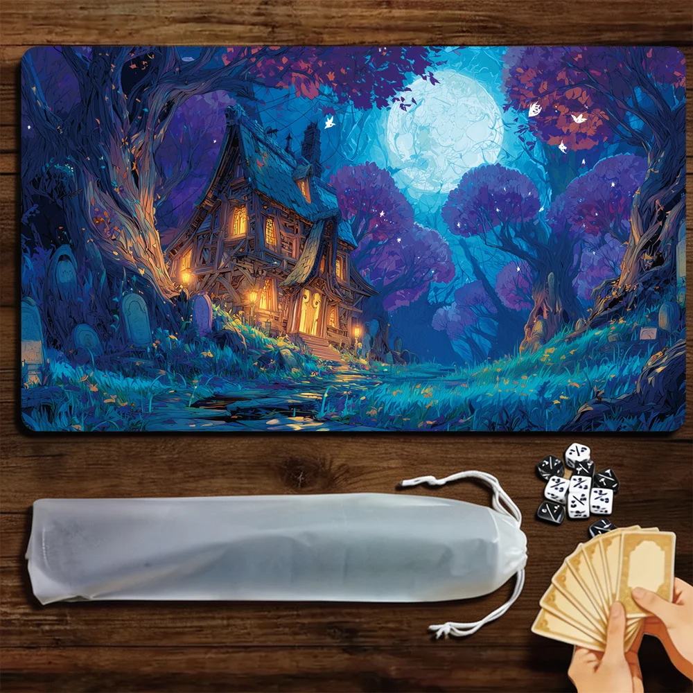 Forest Castle and Full Moon TCG Playmat Magic Playmat Gathering Gaming Mat with Stitched Edge Anti-slip base Trading Card Game