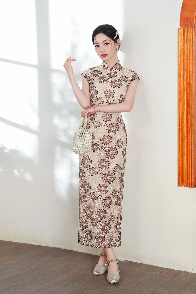 Summer Stand Collar Chiffon Qipao Chinese Style Long Double Layer Embroidery Lace Female Qipao Dress