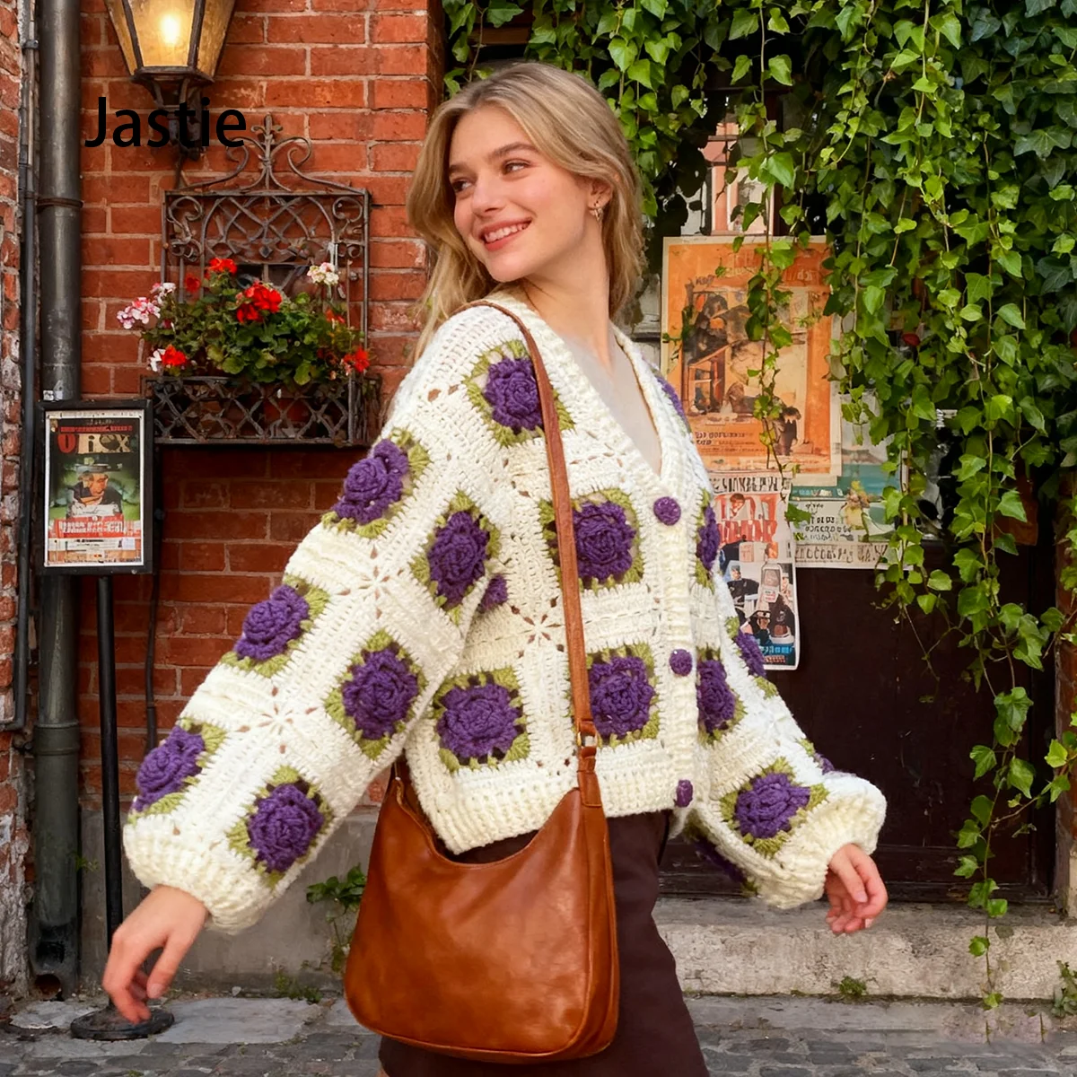 

Bohemian hand-crocheted three-dimensional rose hollow knitted cardigan 2025 autumn and winter V-neck long-sleeved sweater top