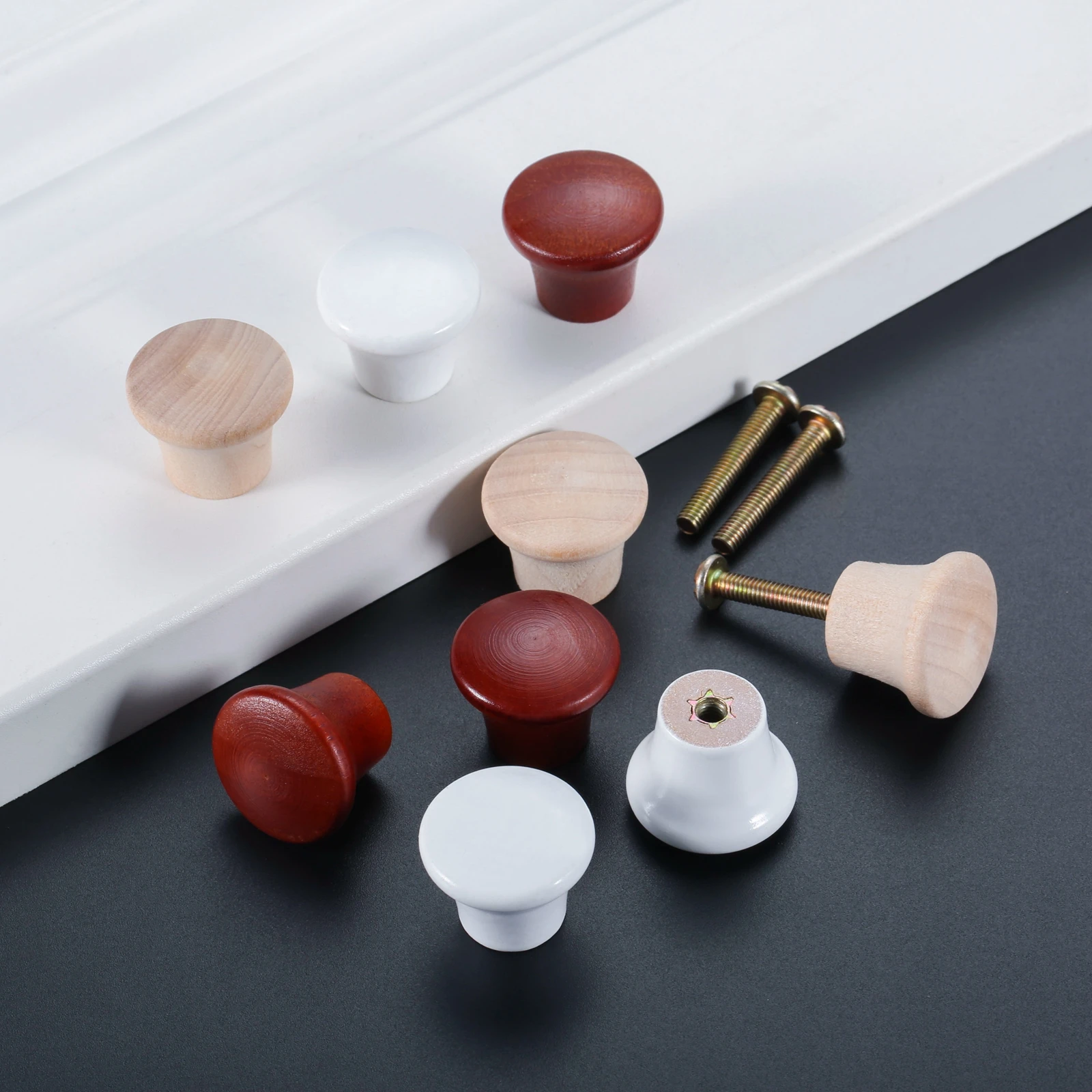 5Pcs Mini Round Wooden Knobs Home Decorative Pull Knobs Cabinet Drawer Cupboard Handle Furniture Hardware with Screws 23*20mm