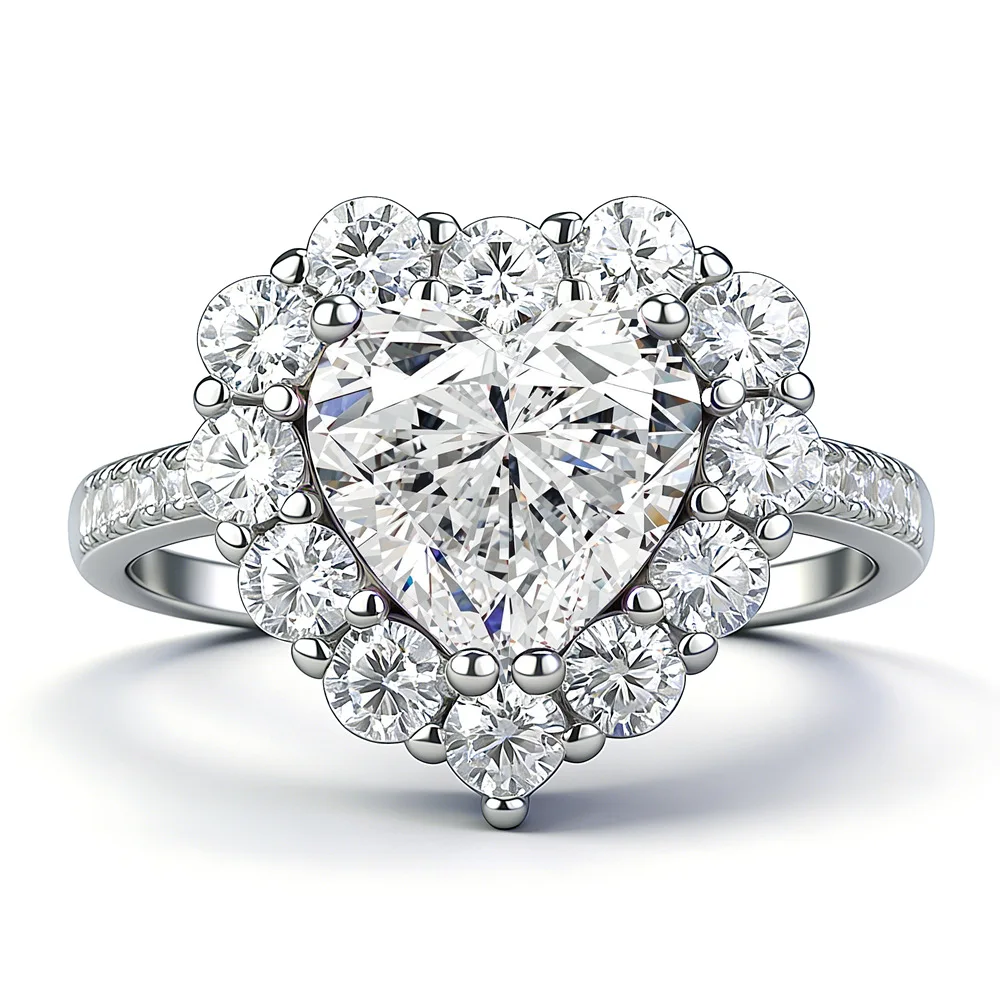 

S925 Rhodium Plated Silver 2CT D Color Moissanite 8x8mm Heart Shape Full Pave Ring for Women, Exquisite Jewelry