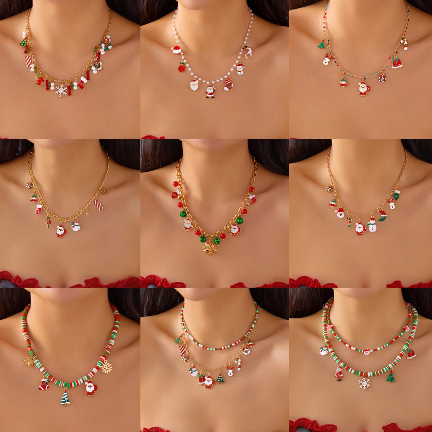 

Creative Christmas Elements Pendant Necklace for Women Handmade Rice Bead Snowman Bell Elk Santa Claus Necklace Party Jewelry