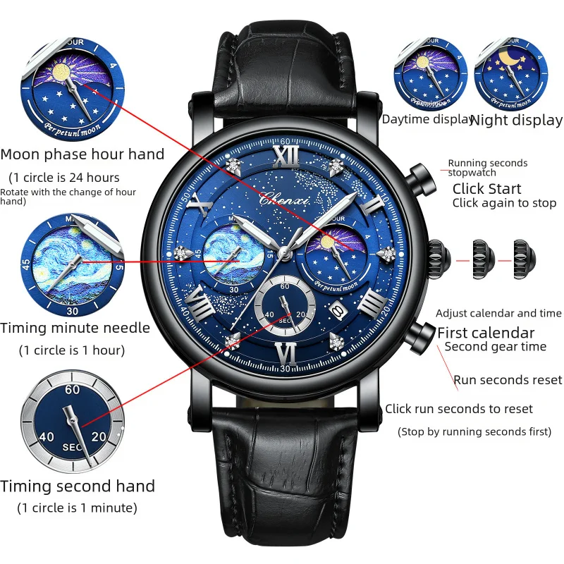 Dawn Sun Moon Star Multi-Functional Fashion Men's Watch Luminous Moon Phase Timing Calendar Foreign Trade Cross-Border Quartz Wa