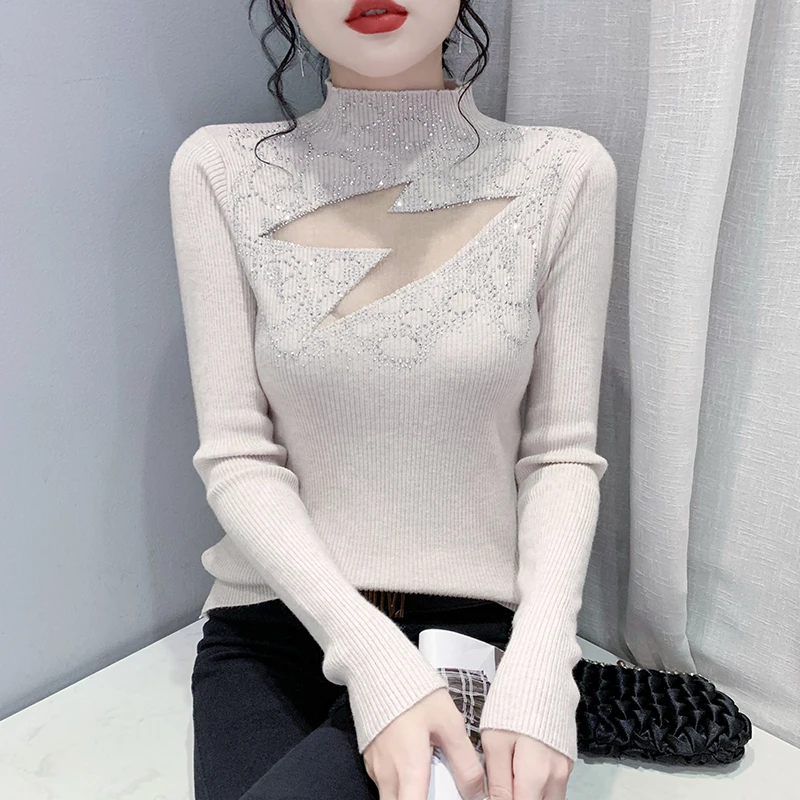 Fall Winter Knitted Mock Neck Sweater Sexy Spliced Hollow Out Diamonds Women\'s Bottoming Shirt Pullovers Long Sleeve Tops 1013