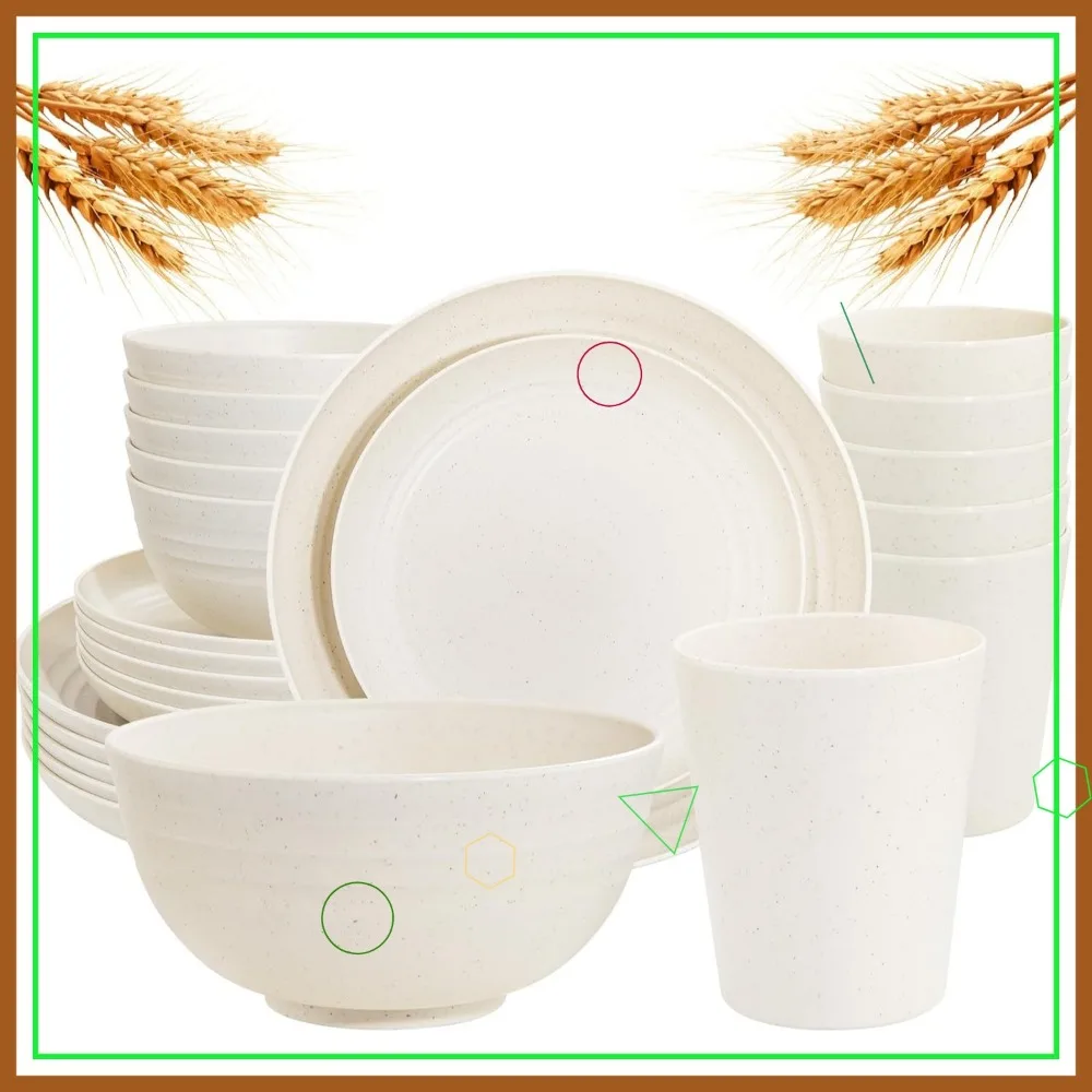 

24-Piece Wheat Straw Dinnerware Set: Unbreakable Plates, Bowls & Cups for Parties, Microwave & Dishwasher Safe (Beige)
