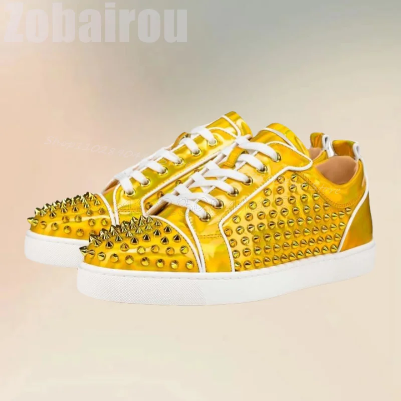 

Yellow Spikes Decor White Sole Men Sneakers Fashion Cross Tied Men Shoes Luxurious Handmade Party Feast Office Men Casual Shoes