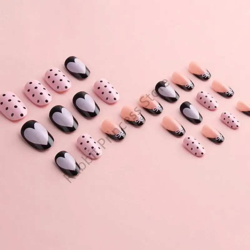 BX0F 24 ชิ้นกดบนเล็บรอบเล็บ Faux Comfort Fit Design Bows และ Dot Accents สำหรับงานปาร์ตี้และงานแต่งงานเล็บชุด