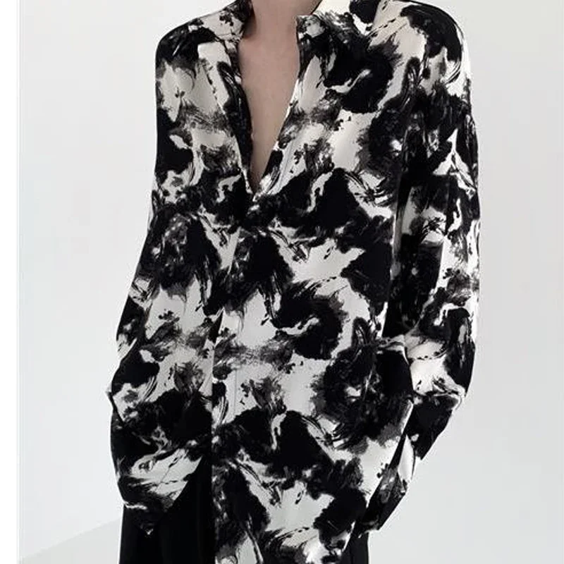 Loose Casual Daily Turn-down Collar Graphic Sense Abstract Pattern Streetwear Single Breasted Shirt Summer New Ice Silk Shirts