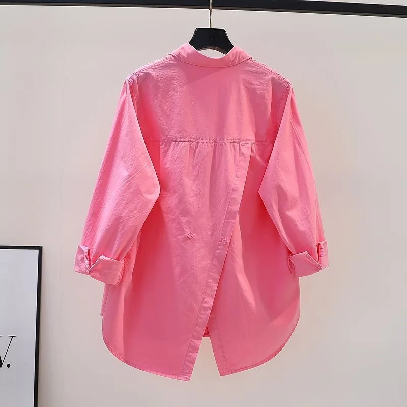 Back Slit Versatile Women's Long-sleeved Shirt Outer Wear Solid Color Shirt Loose Design Sense Medium and Long Women's Clothing