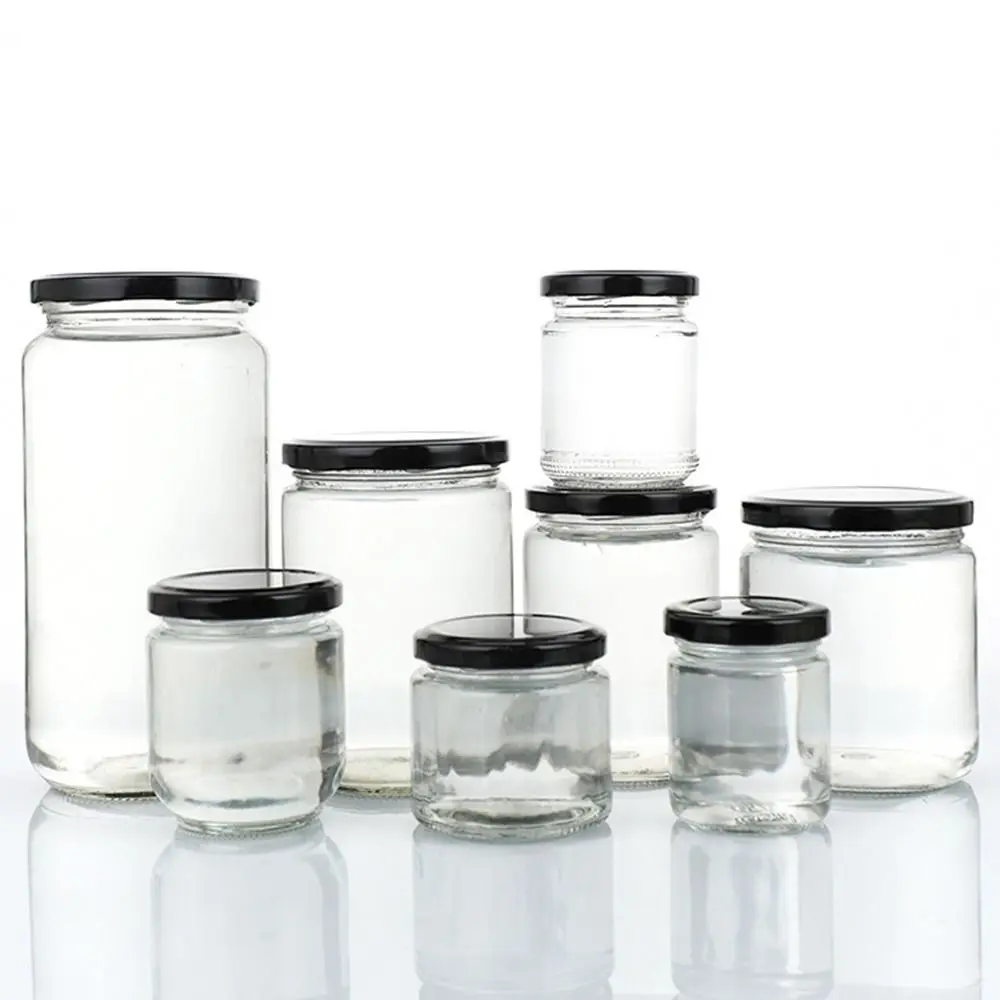 Frasco de vidro com tampas herméticas pretas, Mason Jar, redondo, armazenamento de alimentos, recipientes de conservas, cozinha, 100ml, 150ml,