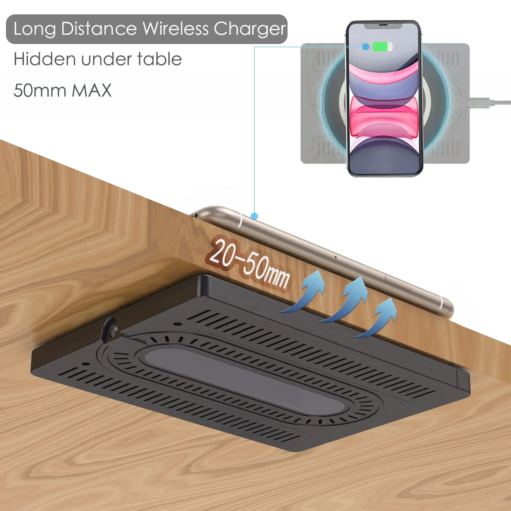 Invisible Long Distance Hidden Under Table Fast Charging Wireless Phone Charger Through 50Mm Desk