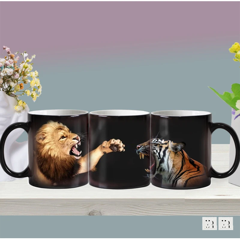 Dropshipping Coffee Mugs Creative Animals Lion Tiger Color Changing Milk Tea Cup Ceramic Magic Heat Sensitive Mug Dad Gifts