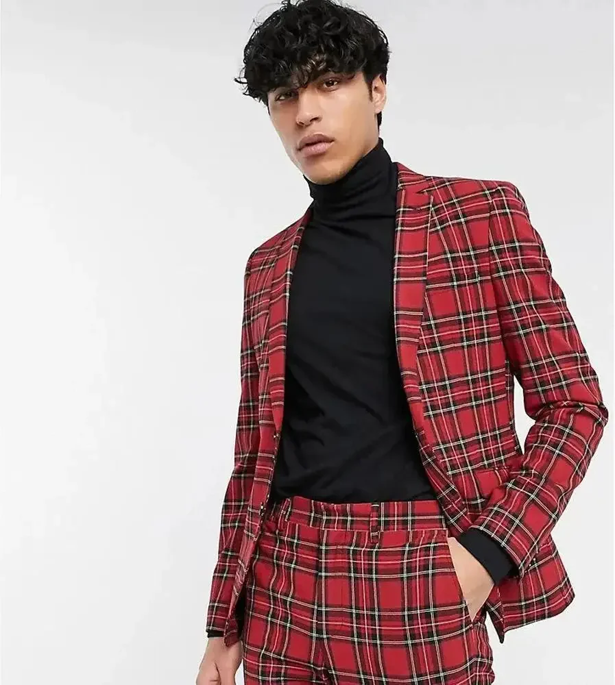 Hot Selling Red Striped Checkered Men\'s Suit Two-pieces(Jacket+Pants) Slim Fit Daily Fashion Male Clothing