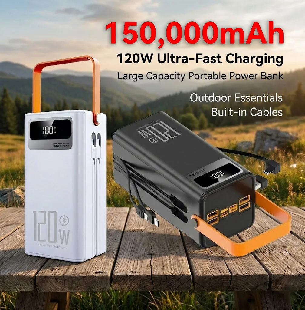

120W 150000mAh Fast Charging Power Bank Large Capacity Outdoor Mobile Power Supply External Spare Battery for Outdoor Camping