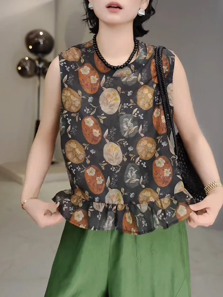 

Ele Floral Print Top Large Size Faionable Summer New Sle Slimming Age-Defng Women's Casual Wear round Ne ort Sl...