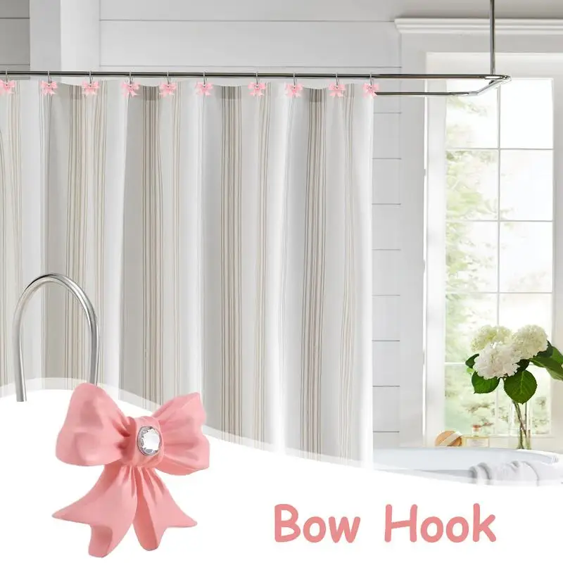 Shower Drapery Bow Hooks 12X Shower Hooks With Rhinestones Boho Trendy Window Covering Rings For Bathroom Art Decor