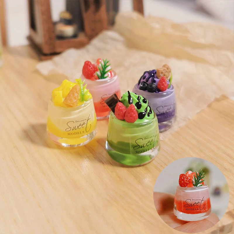 Doll House Fruit Mini Mango Strawberry Beverage Dessert Cup Decoration Miniature Toy Model Scene For Dollhouse Accessories