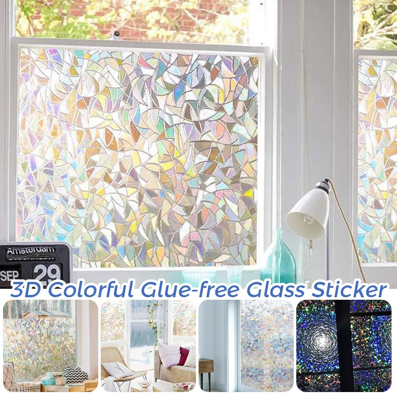 

3D Rainbow Effect Window Films Home Kitchen Office Privacy Decorative Film Anti-UV Non-Adhesive Static Cling Glass Stickers