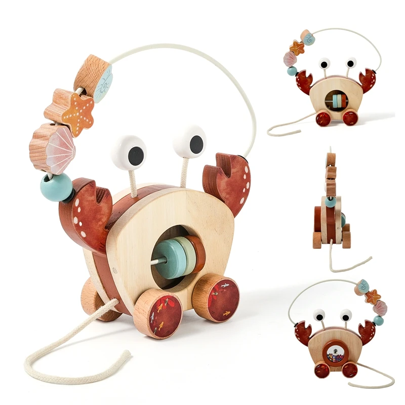 

Baby Toy Finger Fine Motion Car Wooden Cartoon Crab Rattle Hand-pushed Wooden Cars Children's Toy Educational Toy For Children