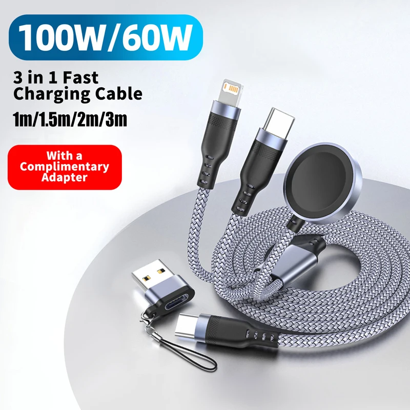 

Плетеный магнитный беспроводной зарядный кабель Multi 3 в 1, шнур быстрой зарядки для iPhone 17/16/15, Samsung Galaxy S25/S24