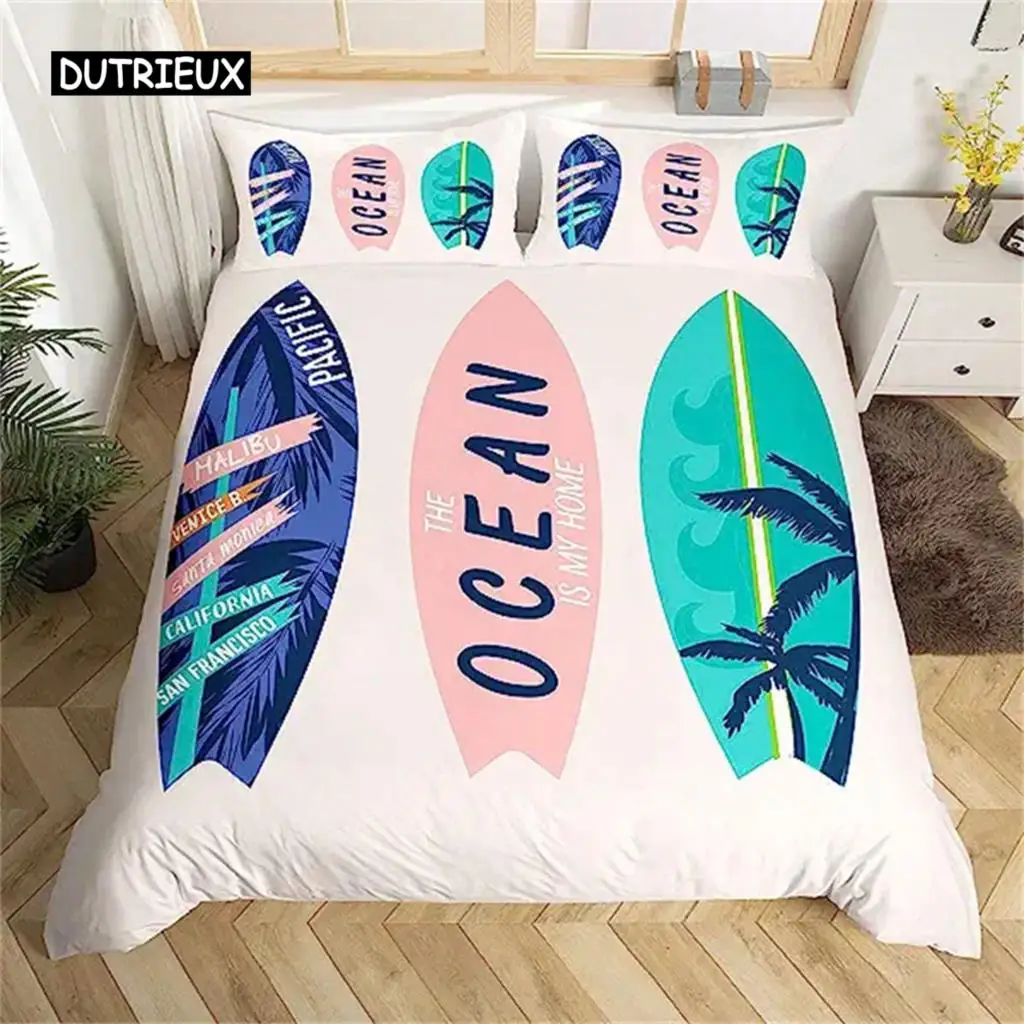 Surfboard Summer Sea Surfing Theme Duvet Cover Ocean Theme Bedding Set for Kids Boys Teens Soft Polyester Quilt Cover Decoration