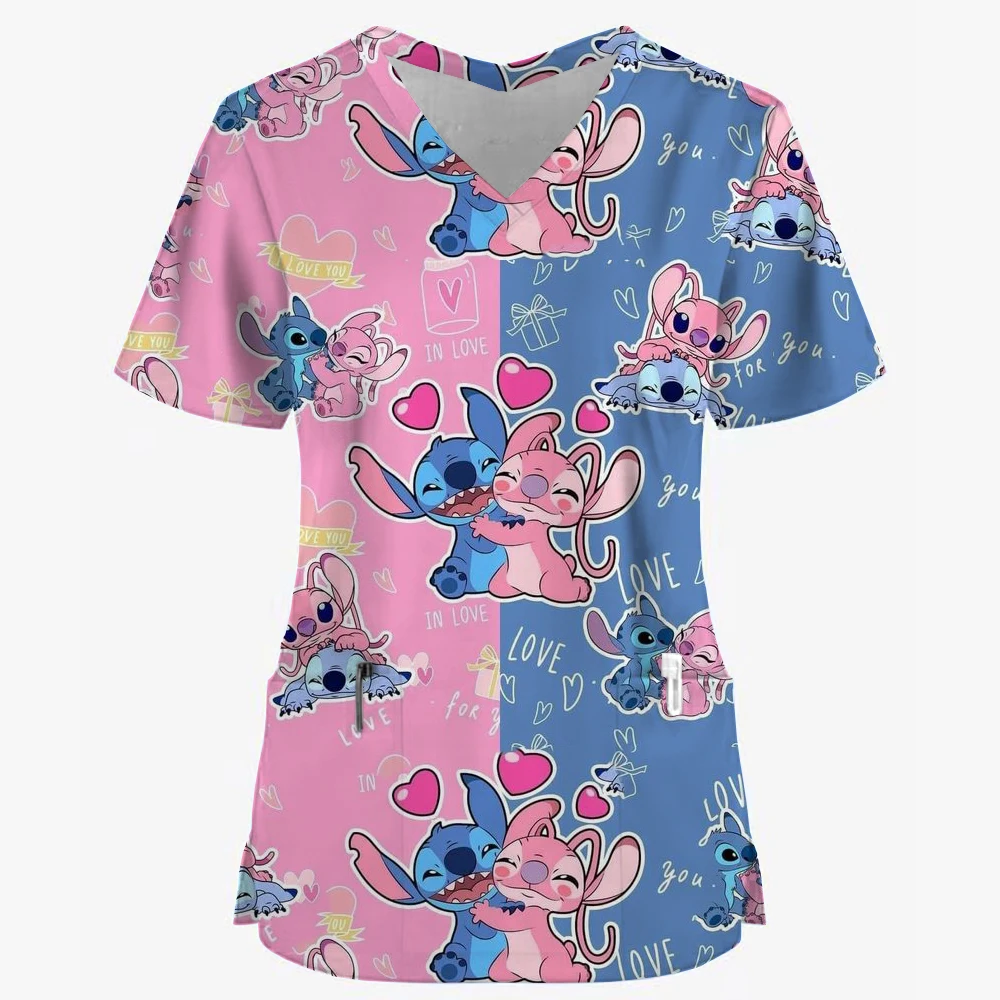 Lilo & Stitch Disney Summer Pocket New Woman T-shirts Hospital Nurse Uniform T-shirt Y2k V Neck Clothing Uniform Pocket Neck Y2k