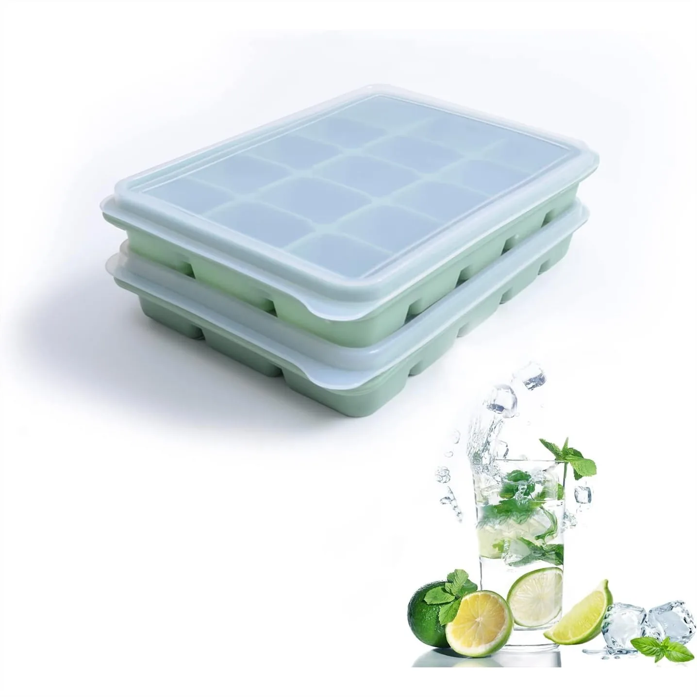 

Silicone Ice Cube Trays Set of 2 with Lids, Easy Release 15 Cube Molds Stackable for Whiskey and Baby Food