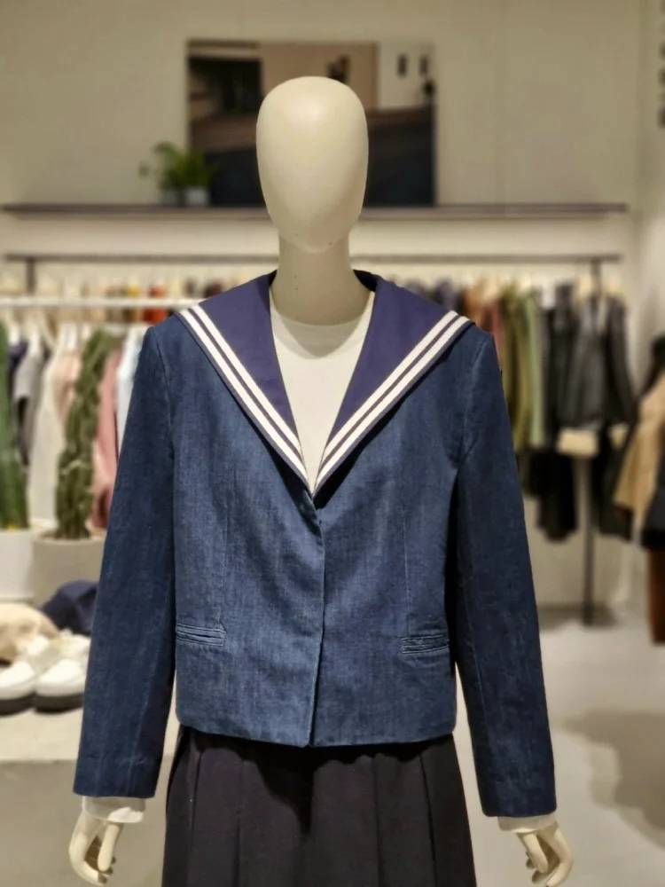

Simple Commute Autumn Winter Denim Short Jacket Women's Navy Blue Top Outerwear Thin Long Sleeve Youth Fashion Single Button