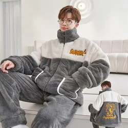 Men Pajamas Set Autumn Winter Sleepwear Coral Velvet Plus Padded Warm Loungewear Hooded Outside Wear Home Service Suit Pijamas