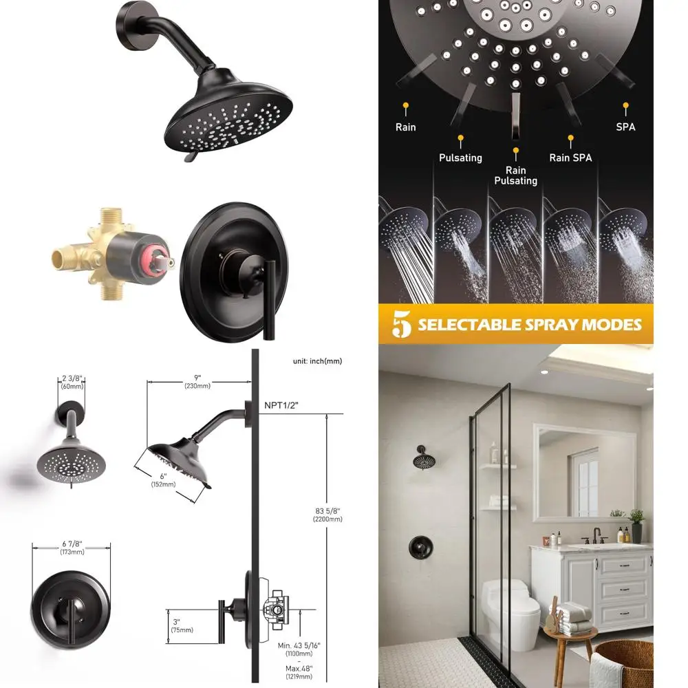 مجموعة صنبور دش برونزية مع رأس دش مطري مقاس 6 بوصات ومجموعة حواف دش حديثة بمقبض واحد