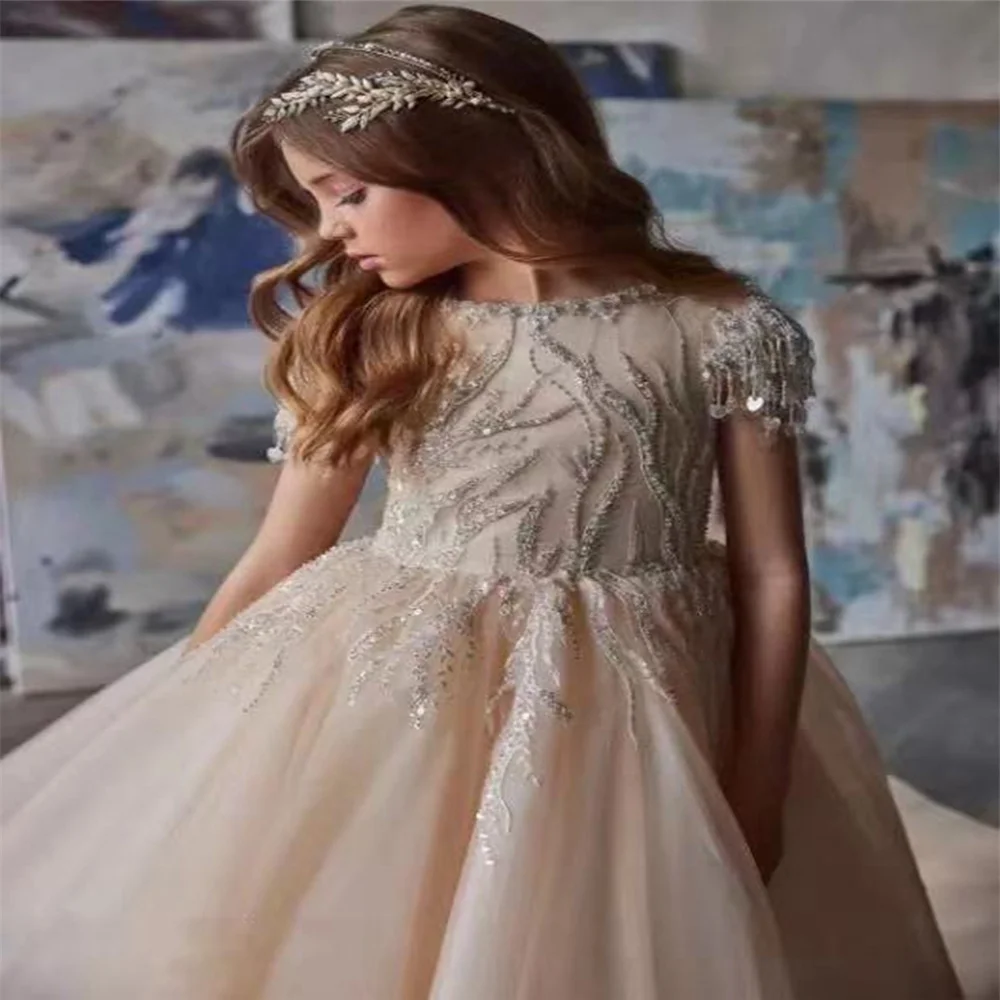 Elegance Champagne Flower Girl abiti per matrimoni Tulle Appliques Sparkly paillettes perline bambini abiti da spettacolo abiti da compleanno