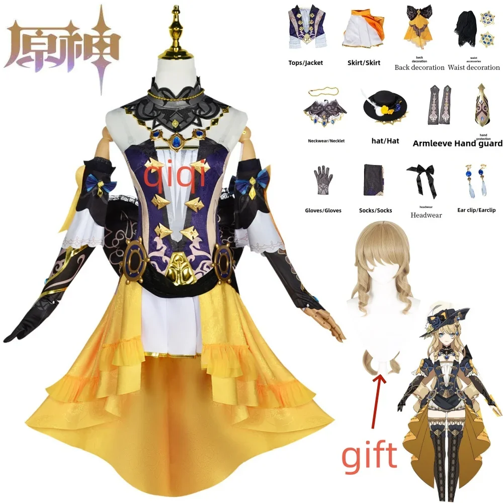 

Game Genshin Impact Navia Cosplay Costume Wig Dress Uniform Fontaine Spina Di Rosula Hat Earrings Gloves Necklace Clorinde Party