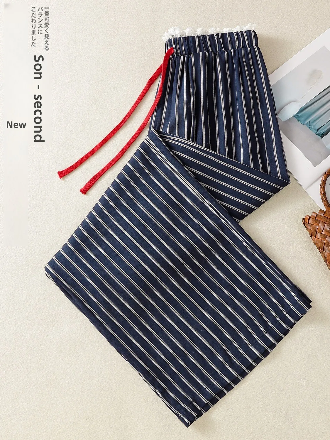 夏の新作ハイウエストコットンストライプワイドレッグパンツ レディースカジュアルレースフックフラワーストレートレッグパンツ 多用途ウォーキングパンツ