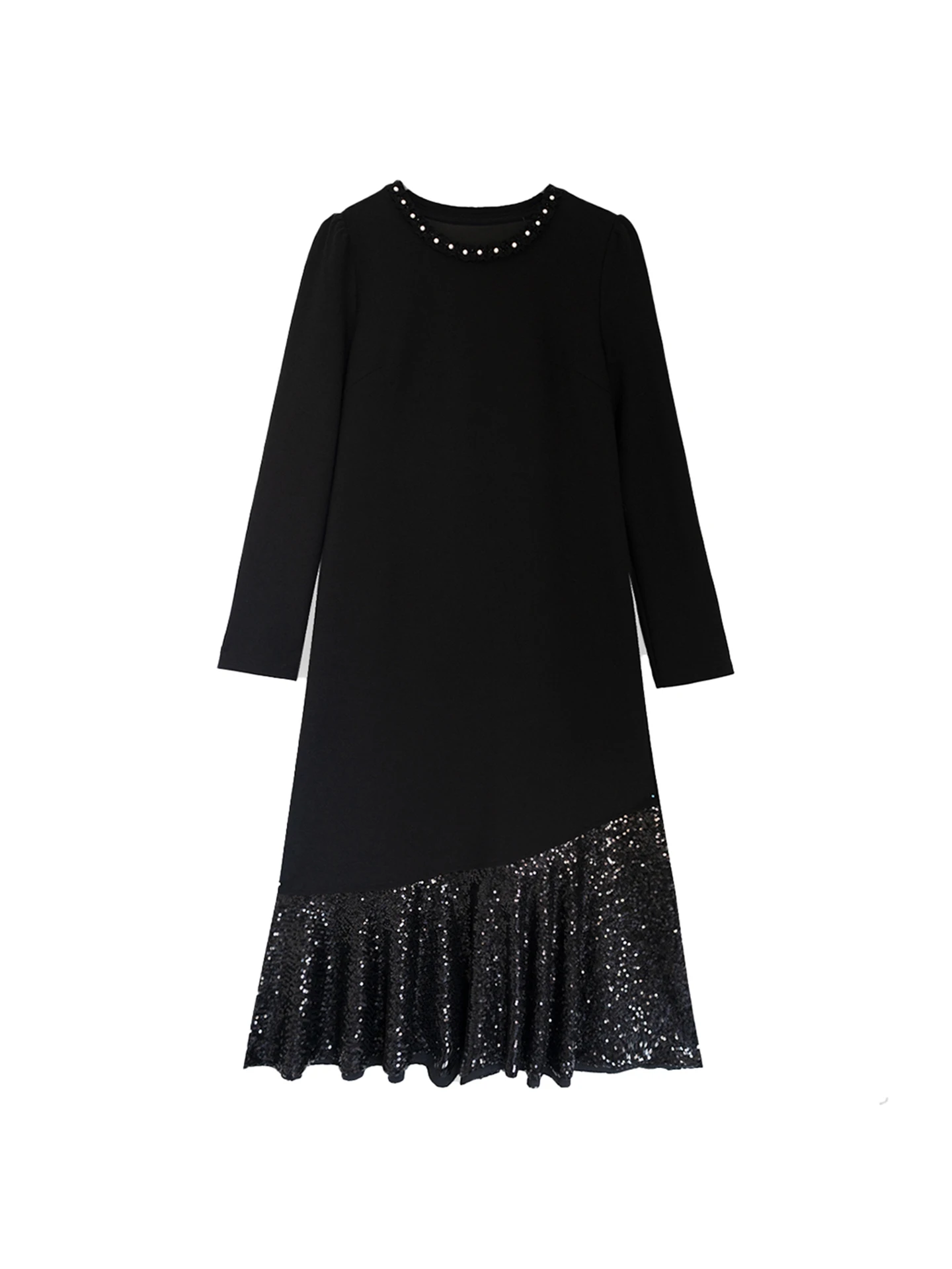 Elegant Sequin Splice Black Dress Women's Winter New Style Age-Defying Slimming Base Layer Skirt for Coat Matching