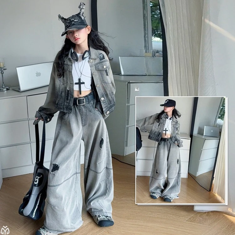 

autumn teen girls Retro Cowboy clothes set gradient jacket+Wide Leg hole jeans 2pcs junior kid denim pants suit child outfits 14