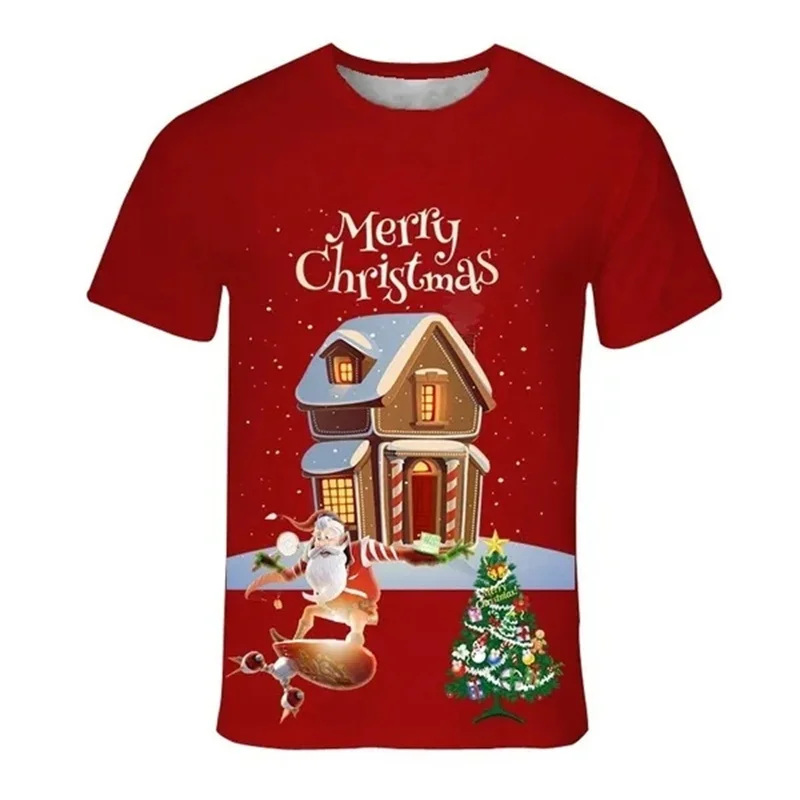 

Cute Christmas Pattern T-Shirt For Men Snowman Elk Xmas 3D Printed Tees Summer Loose Short Sleeves T Shirts Street O-Neck Tops