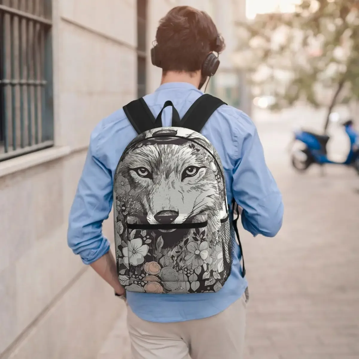 Black White Wolf Surrounded By Flowers Student Backpack School Bag Hiking Travel Daypack for Men Women Bookbag Shoulder Bags