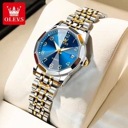 OLEVS 9970 Luxury Number Scale Quartz Watch For Women Rhombus Mirror Calendar Ladies Wristwatch Waterproof Luminous Dress Watch