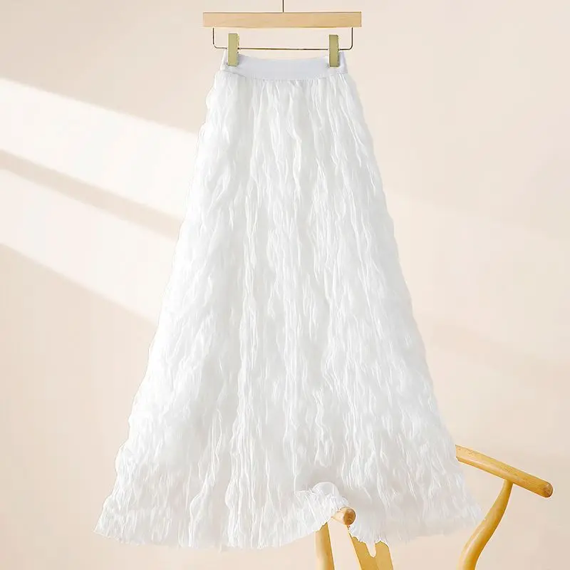 Women's Black Ruffled Tulle Maxi Skirt Elastic Waist Sheer Wavy Texture Flowy Long Skirt Casual Party Evening Wear